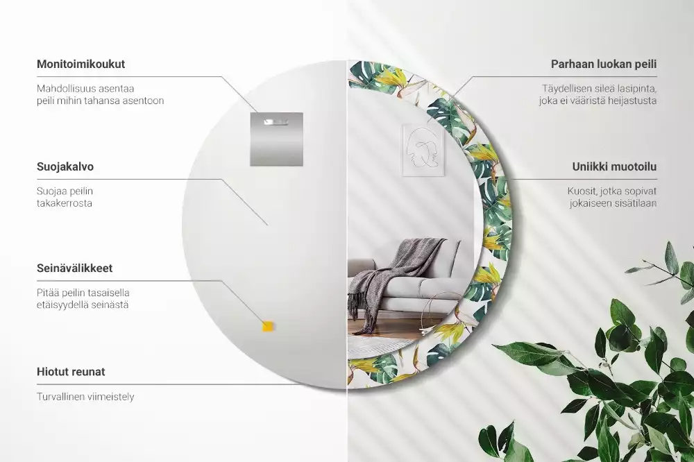 Espejo redondo con decoración Hojas tropicales