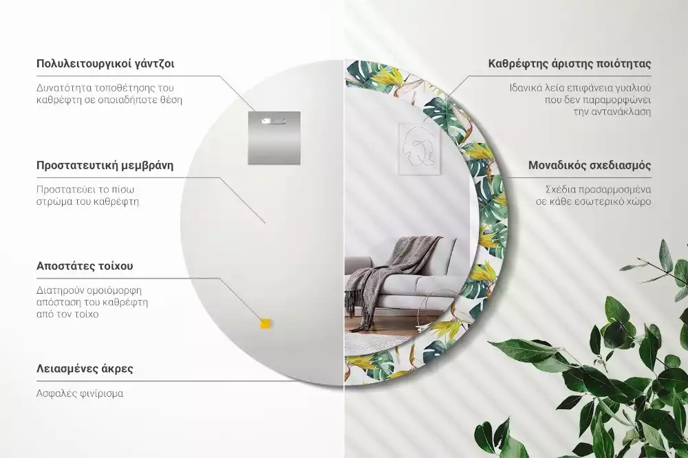 Espejo redondo con decoración Hojas tropicales
