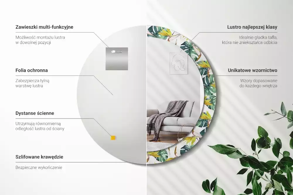 Espejo redondo con decoración Hojas tropicales