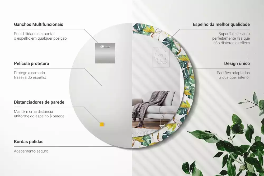 Espejo redondo con decoración Hojas tropicales