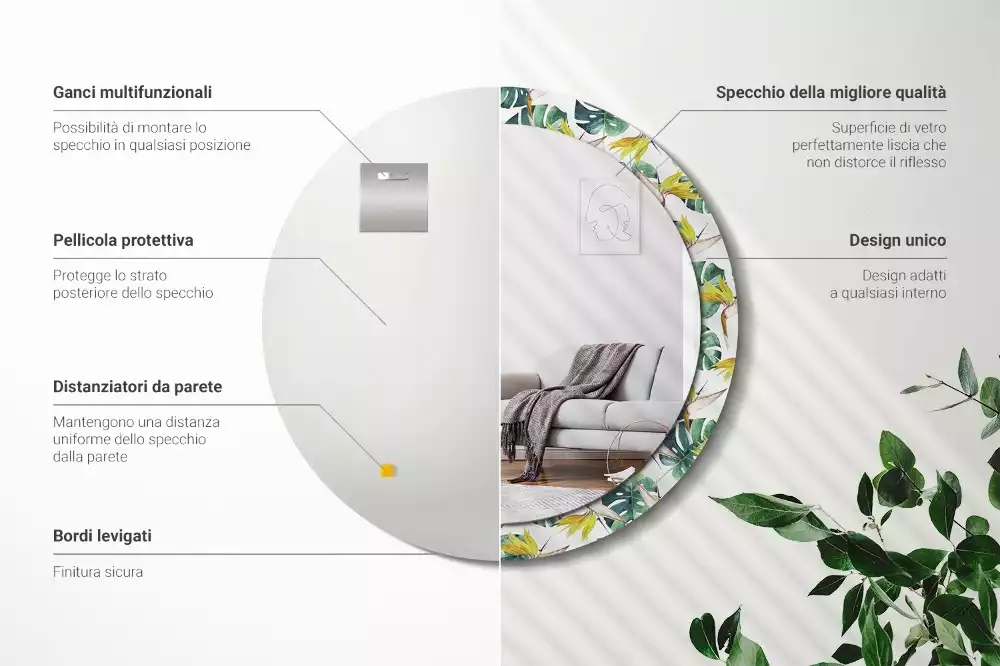 Espejo redondo con decoración Hojas tropicales