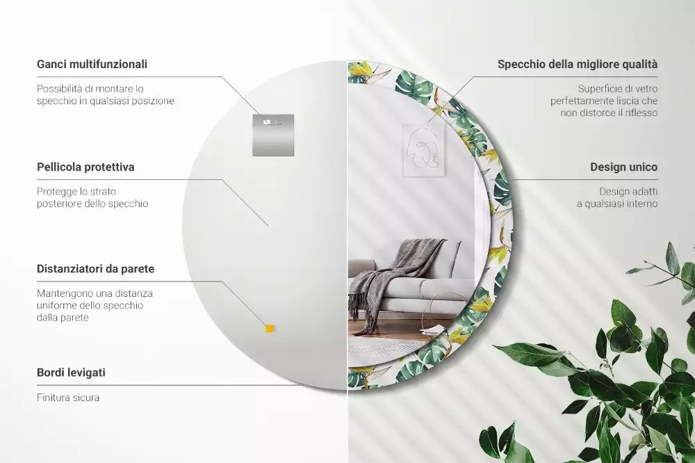 Espejo redondo con decoración Hojas tropicales