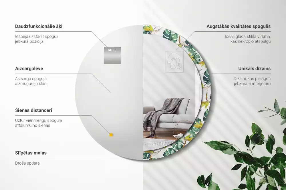 Espejo redondo con decoración Hojas tropicales