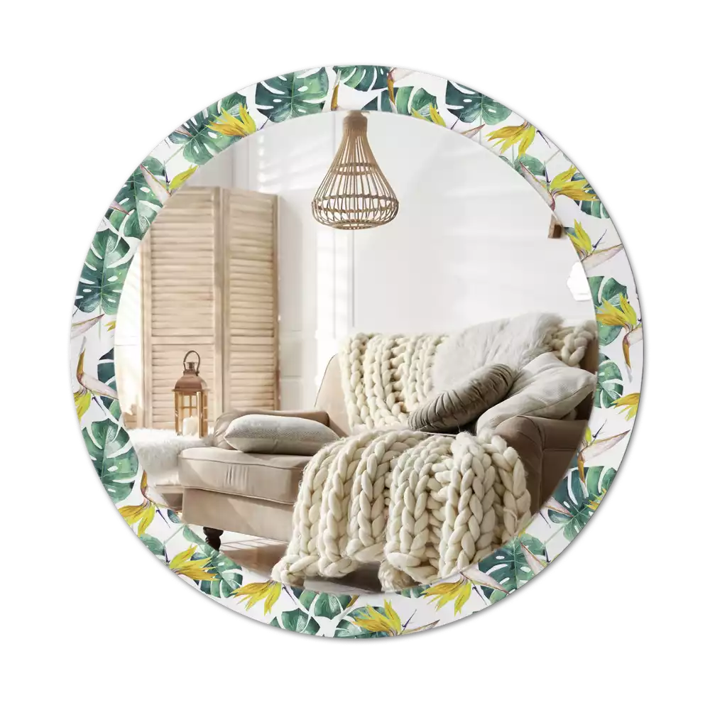 Espejo redondo con decoración Hojas tropicales