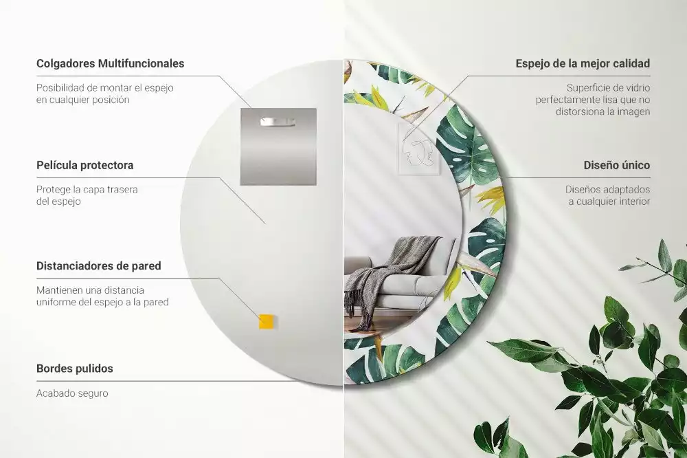 Espejo redondo con decoración Hojas tropicales