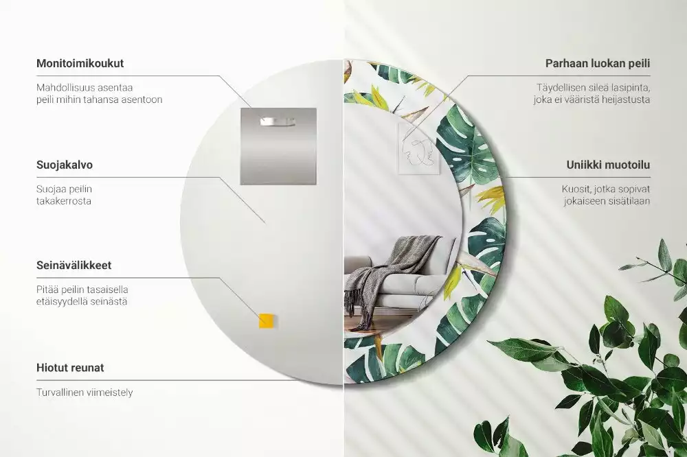 Espejo redondo con decoración Hojas tropicales