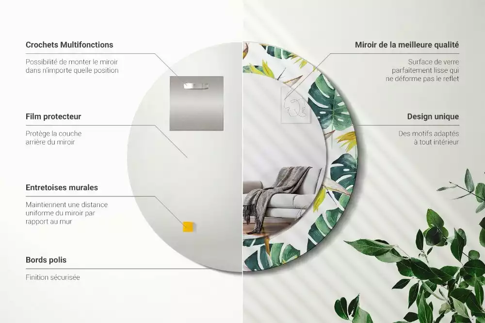Espejo redondo con decoración Hojas tropicales