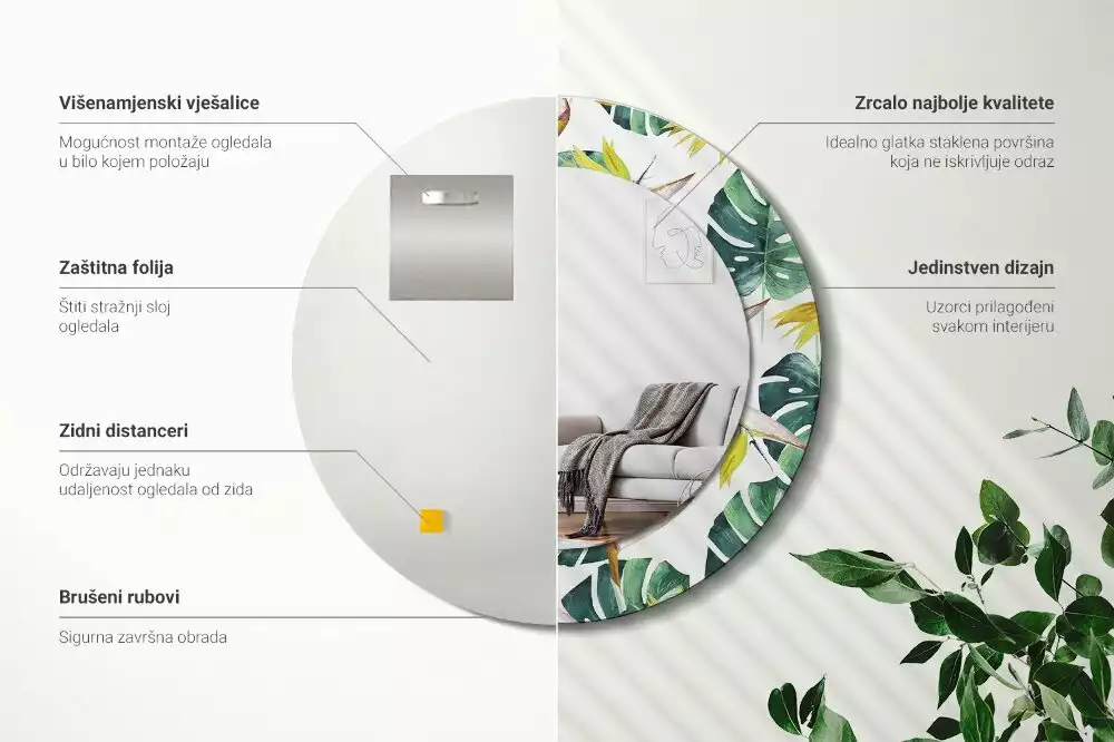 Espejo redondo con decoración Hojas tropicales
