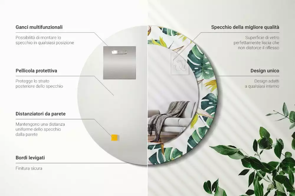 Espejo redondo con decoración Hojas tropicales