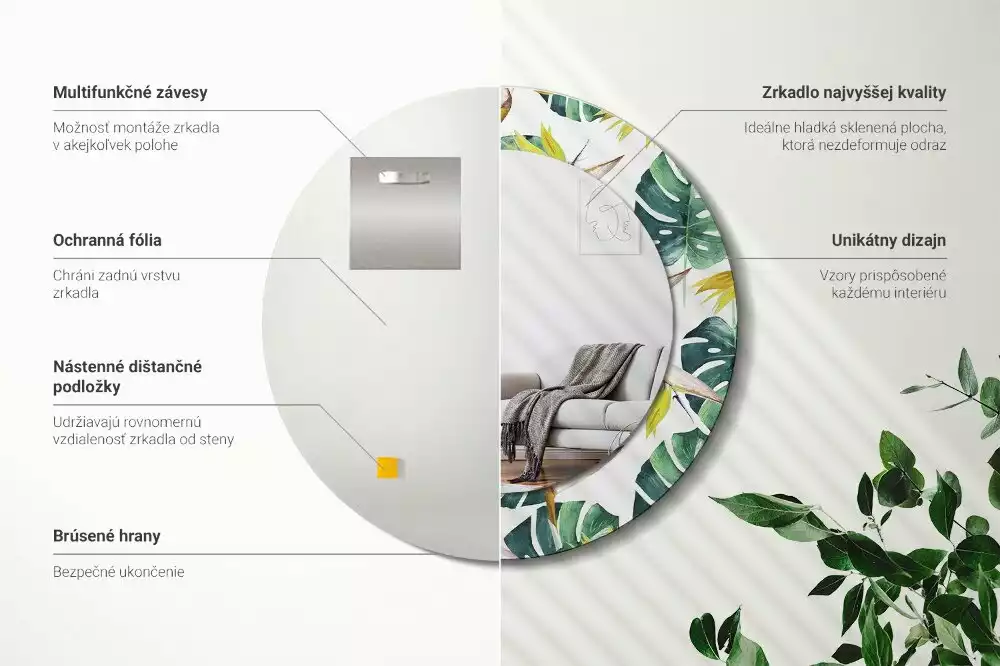 Espejo redondo con decoración Hojas tropicales