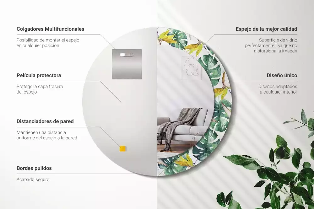 Espejo redondo con decoración Hojas tropicales