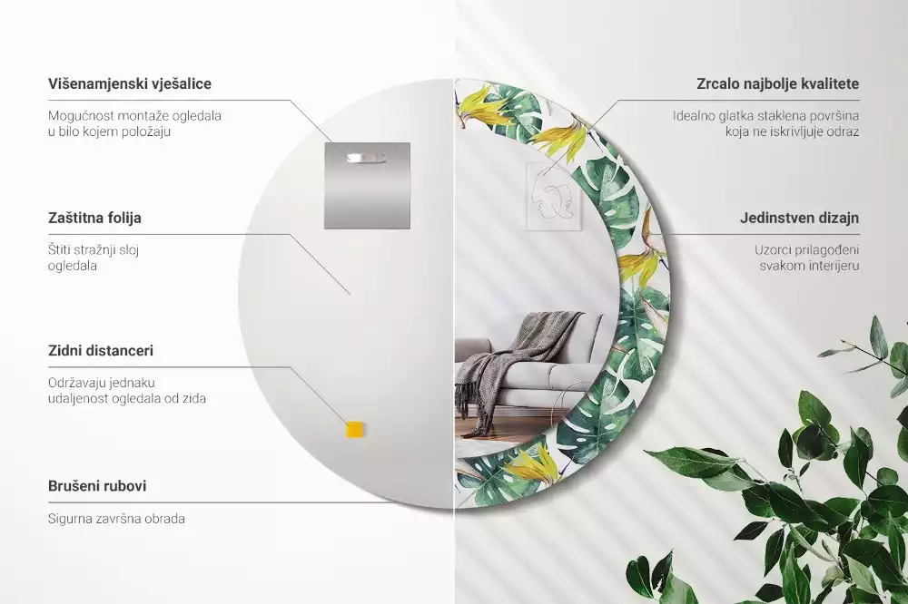 Espejo redondo con decoración Hojas tropicales