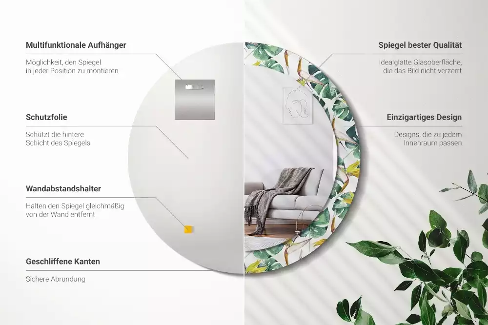 Espejo redondo con decoración Hojas tropicales