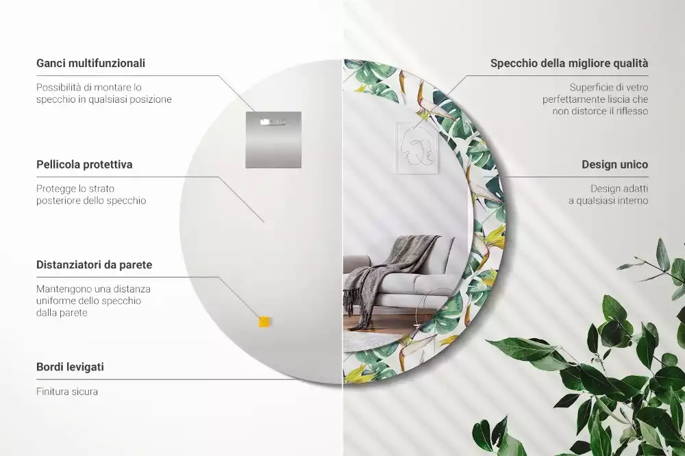 Espejo redondo con decoración Hojas tropicales