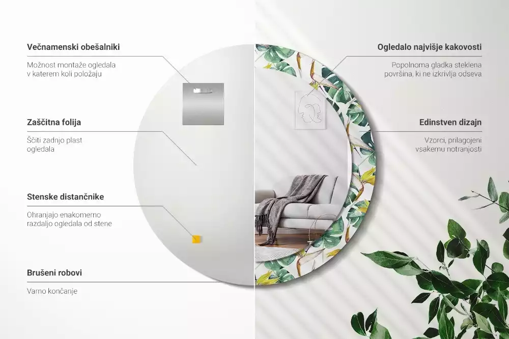 Espejo redondo con decoración Hojas tropicales