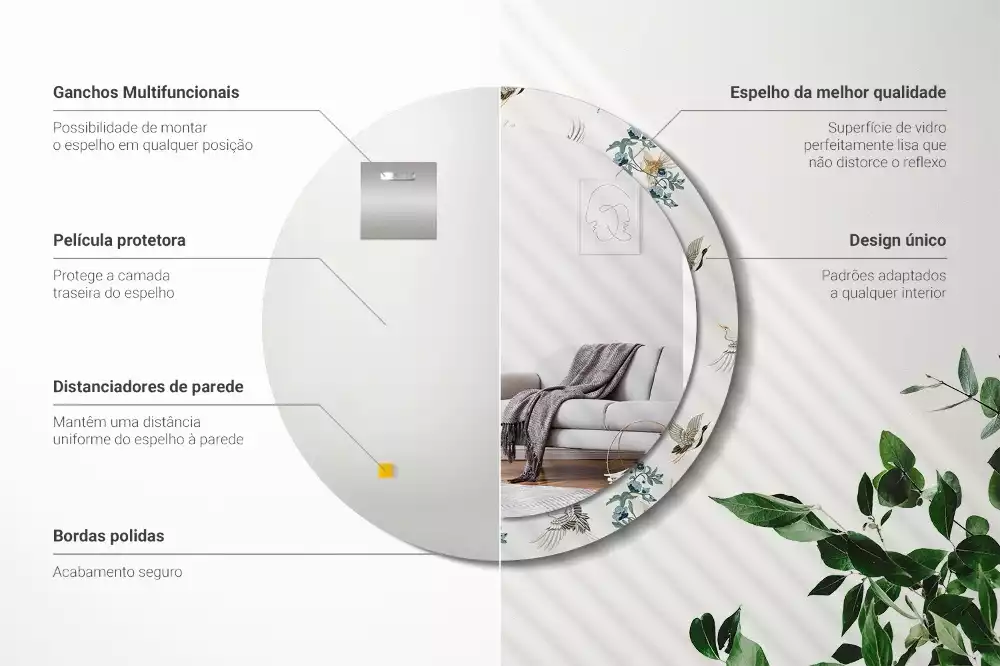 Espejo redondo estampado pájaros chinos