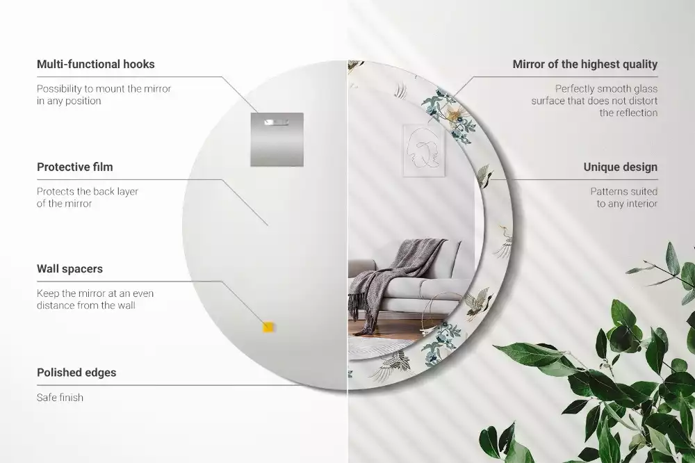 Espejo redondo estampado pájaros chinos