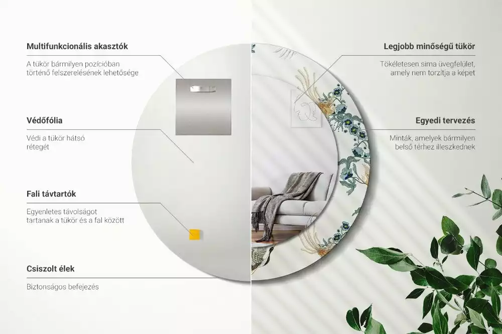 Espejo redondo estampado pájaros chinos