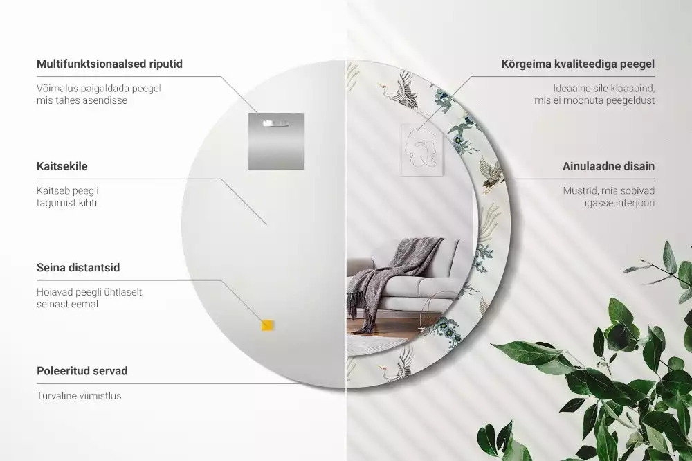 Espejo redondo estampado pájaros chinos