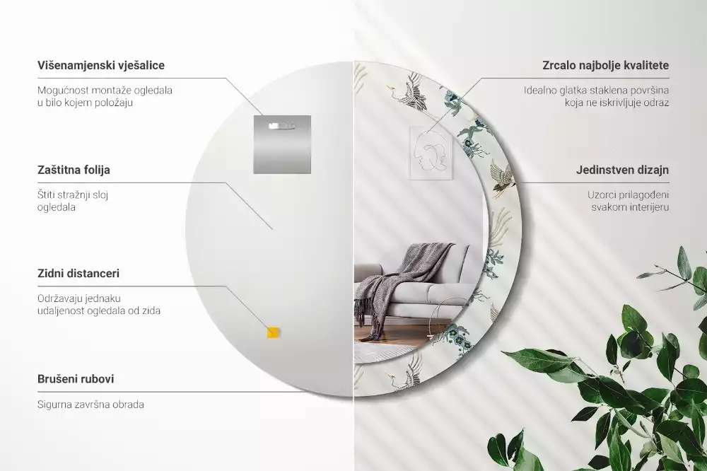 Espejo redondo estampado pájaros chinos