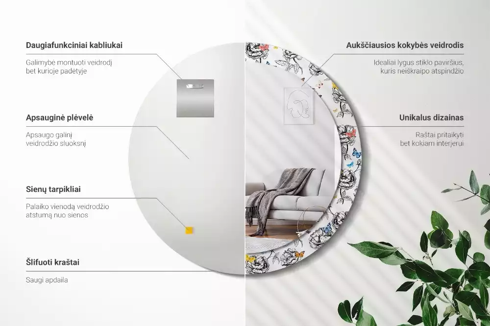 Espejo redondo impreso mariposas coloridas