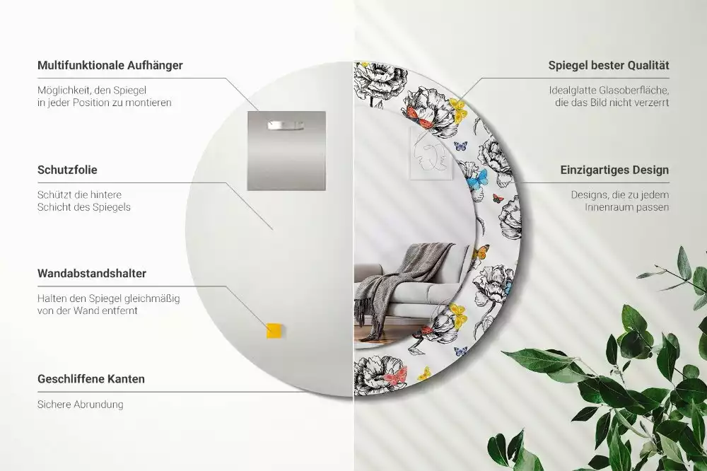 Espejo redondo impreso mariposas coloridas