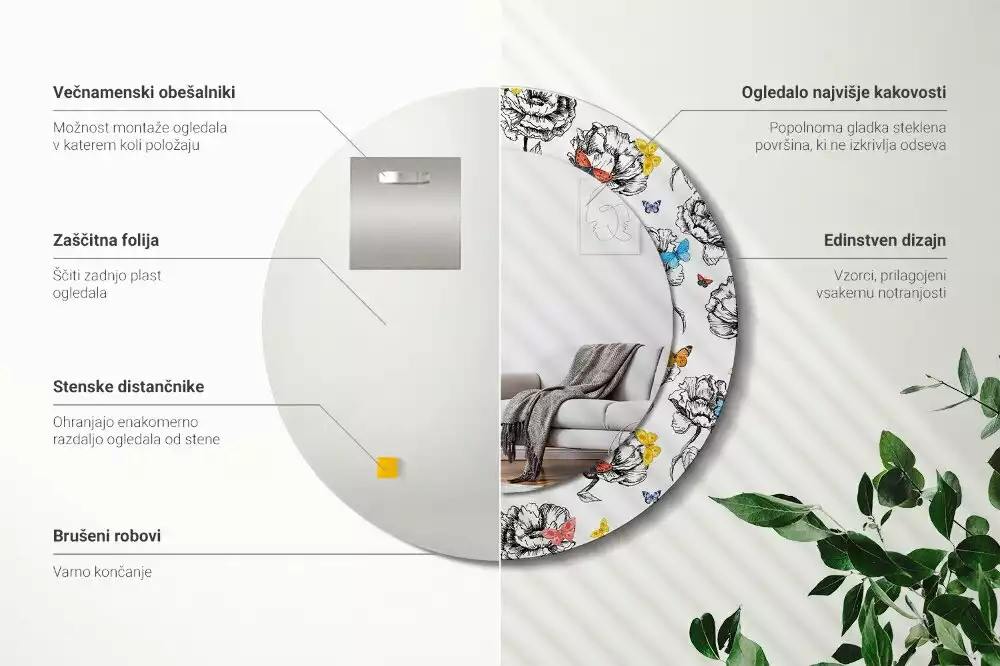 Espejo redondo impreso mariposas coloridas