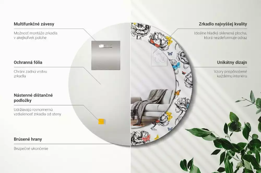 Espejo redondo impreso mariposas coloridas