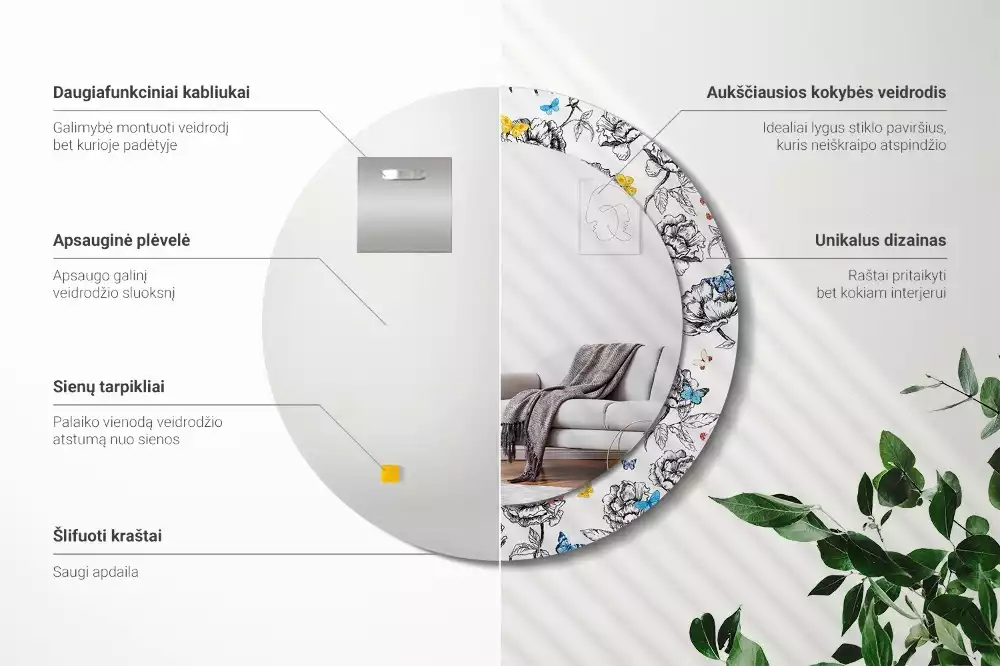 Espejo redondo impreso mariposas coloridas