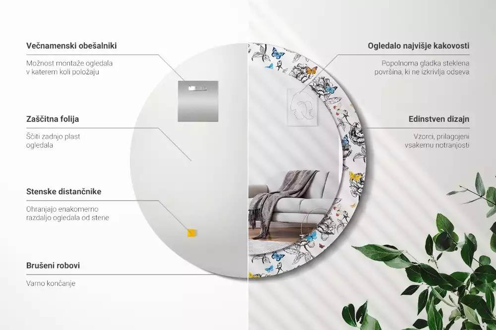 Espejo redondo impreso mariposas coloridas