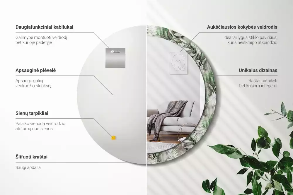 Espejo redondo estampado Hojas de acuarela