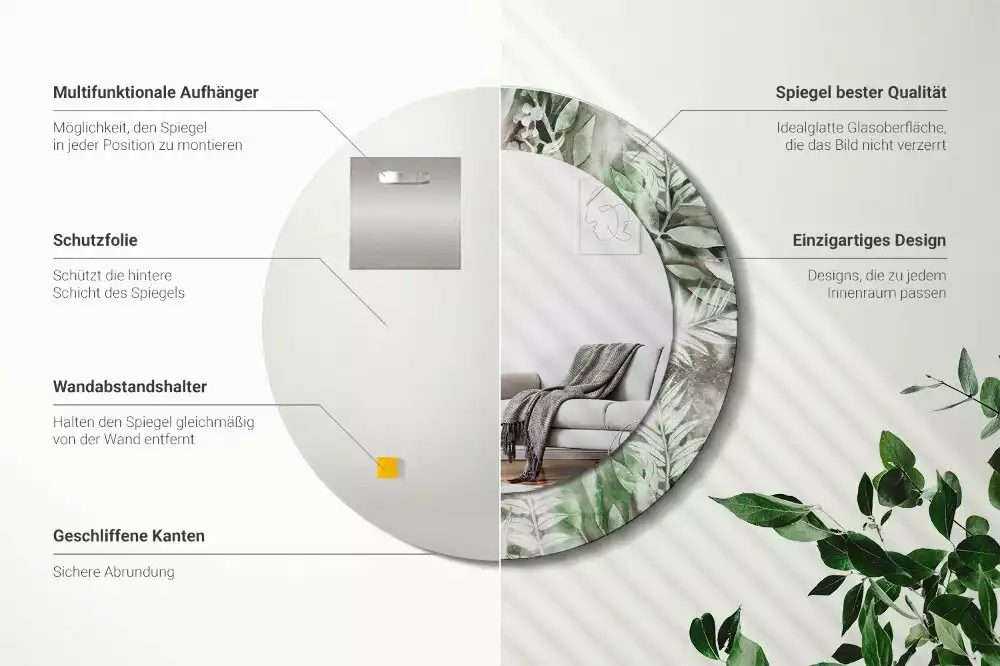 Espejo redondo estampado Hojas de acuarela