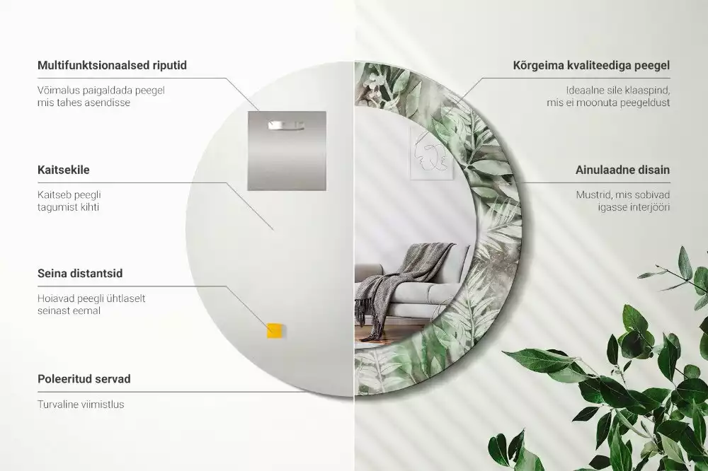 Espejo redondo estampado Hojas de acuarela