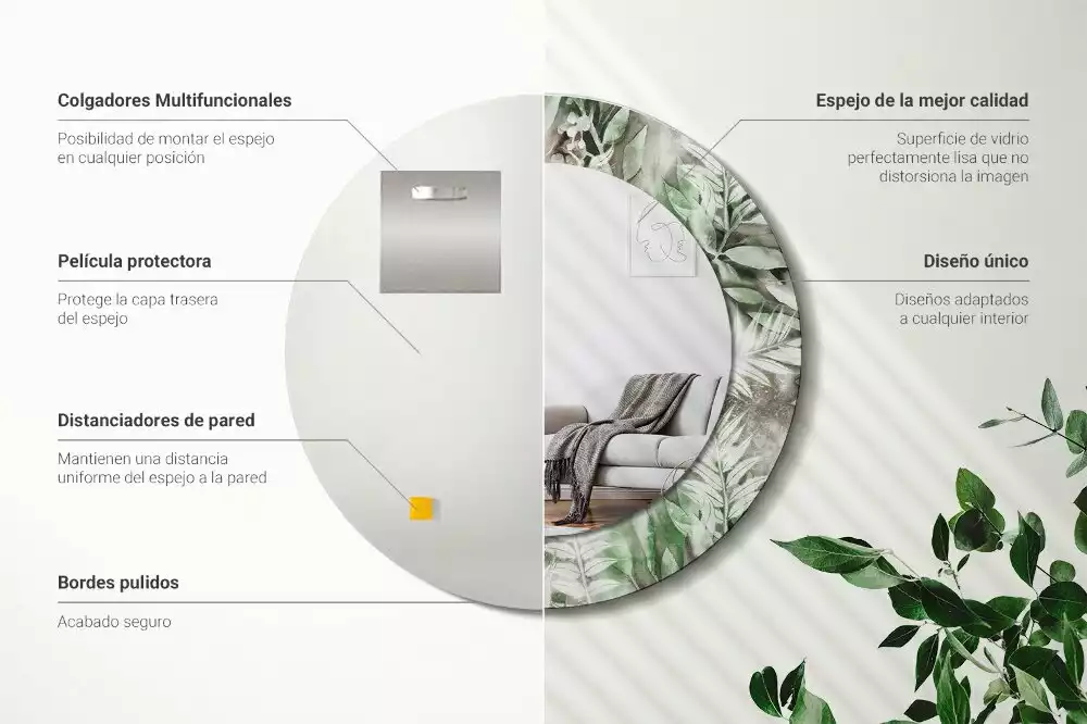 Espejo redondo estampado Hojas de acuarela