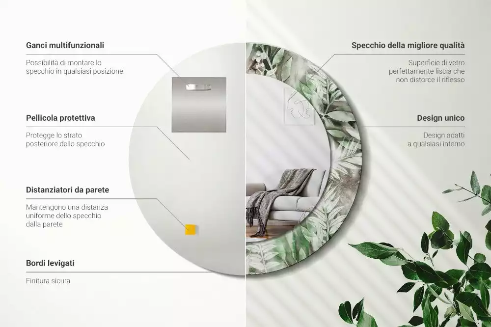 Espejo redondo estampado Hojas de acuarela