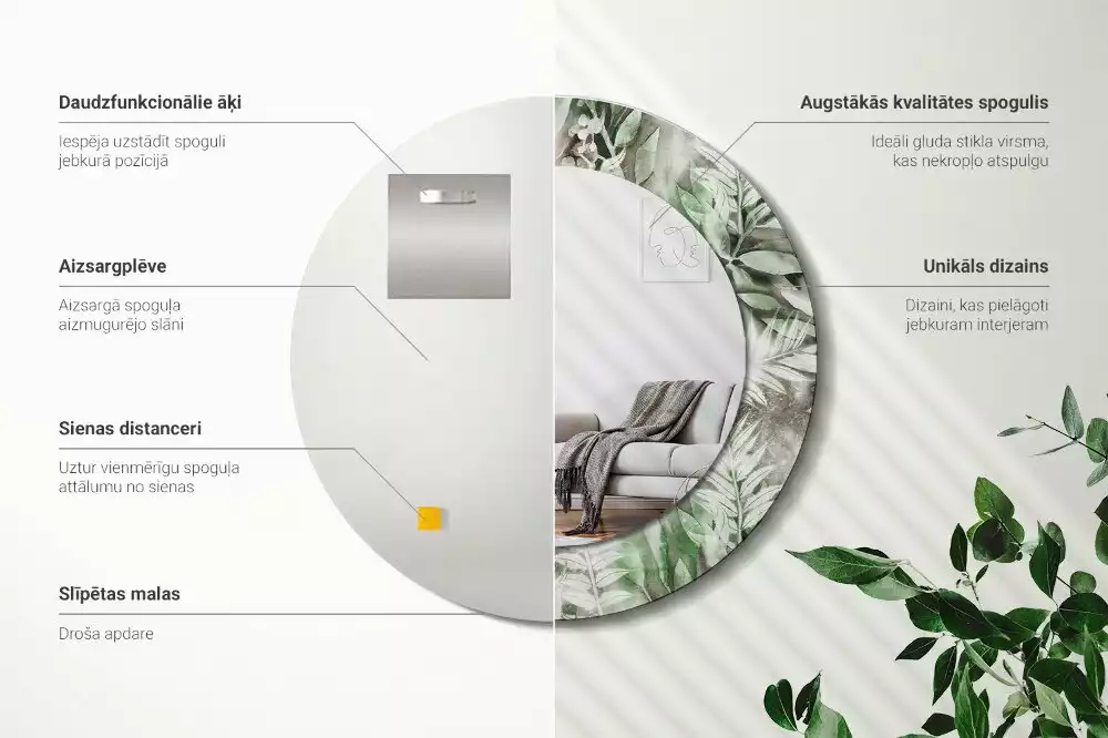 Espejo redondo estampado Hojas de acuarela