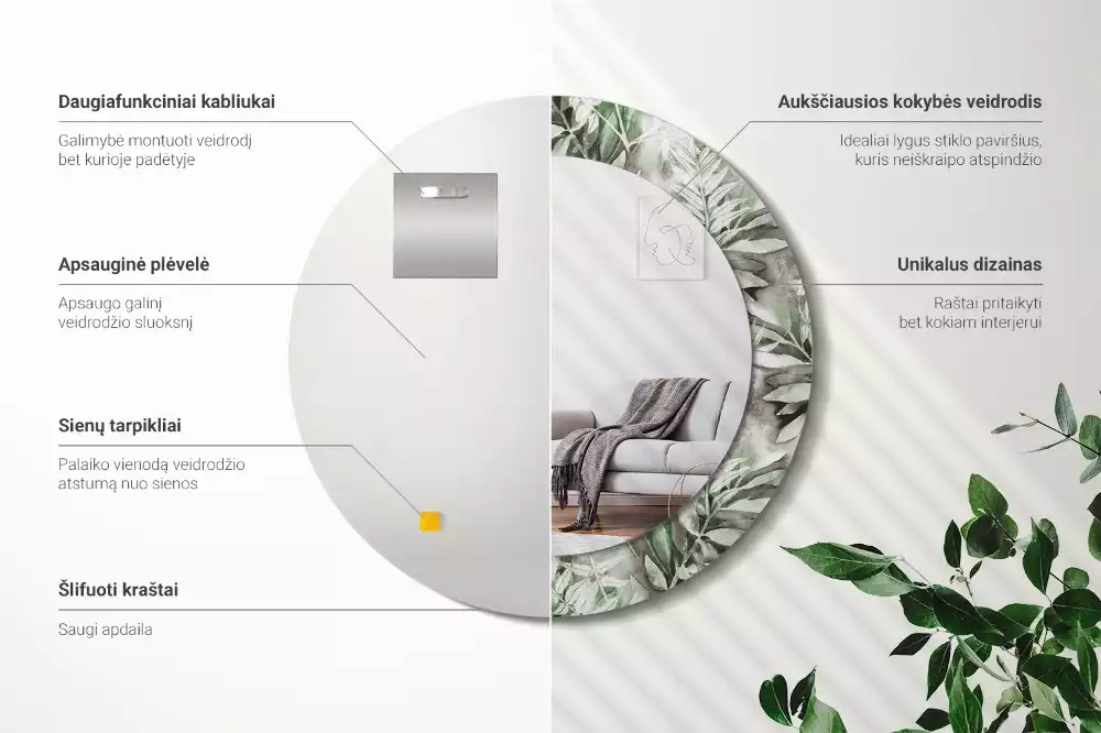 Espejo redondo estampado Hojas de acuarela