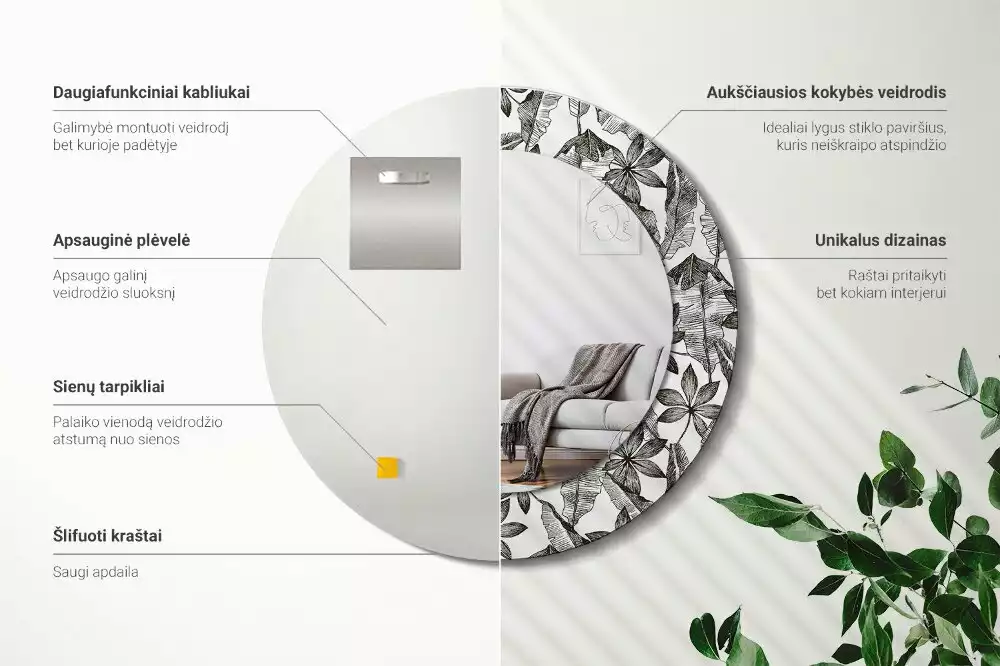 Espejo redondo impreso Hojas tropicales