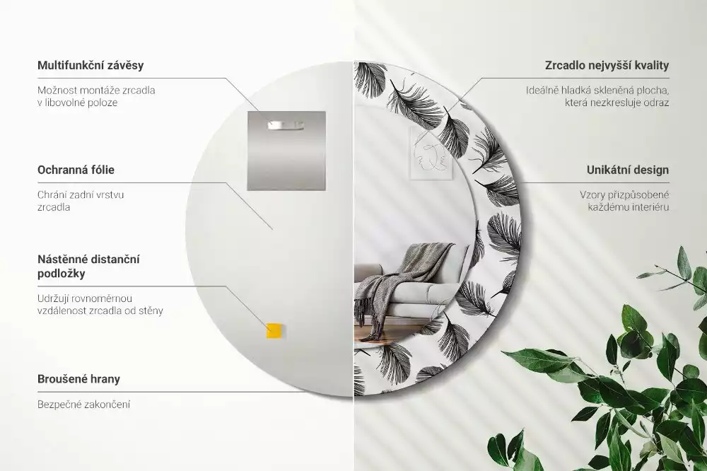 Espejo redondo impreso Plumas