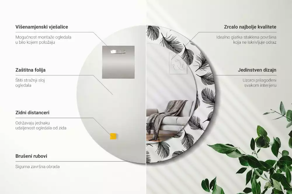 Espejo redondo impreso Plumas