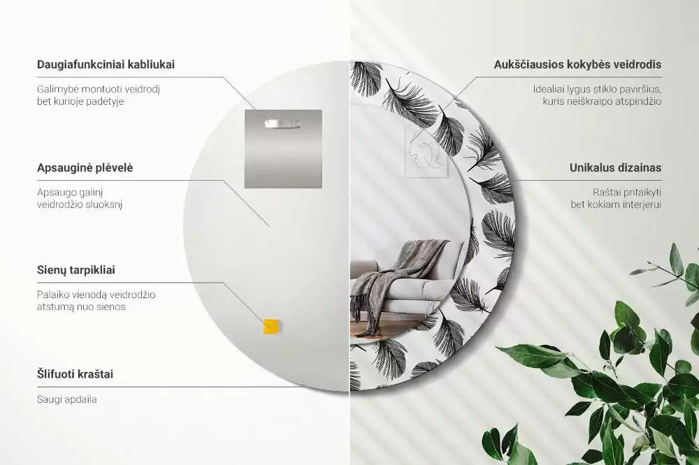 Espejo redondo impreso Plumas