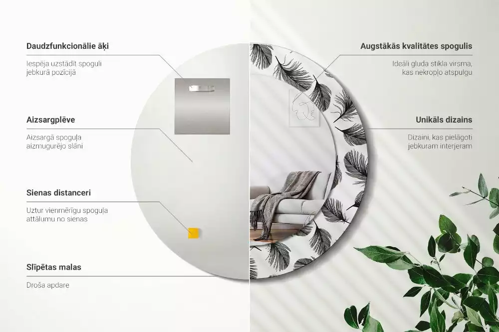 Espejo redondo impreso Plumas