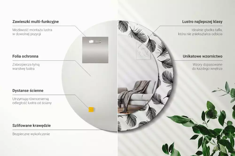 Espejo redondo impreso Plumas