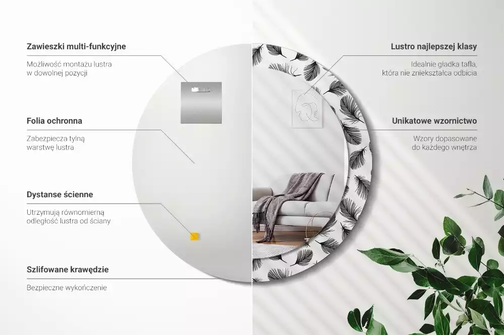 Espejo redondo impreso Plumas