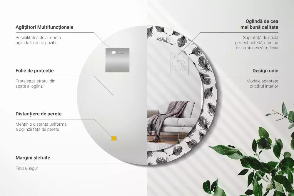 Espejo redondo impreso Plumas