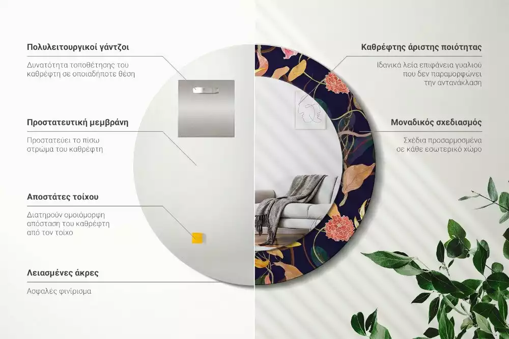 Espejo redondo con decoración Plantas de acuarela