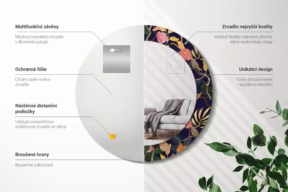 Espejo redondo con decoración Plantas de acuarela