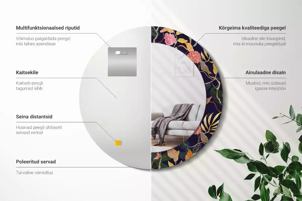 Espejo redondo con decoración Plantas de acuarela