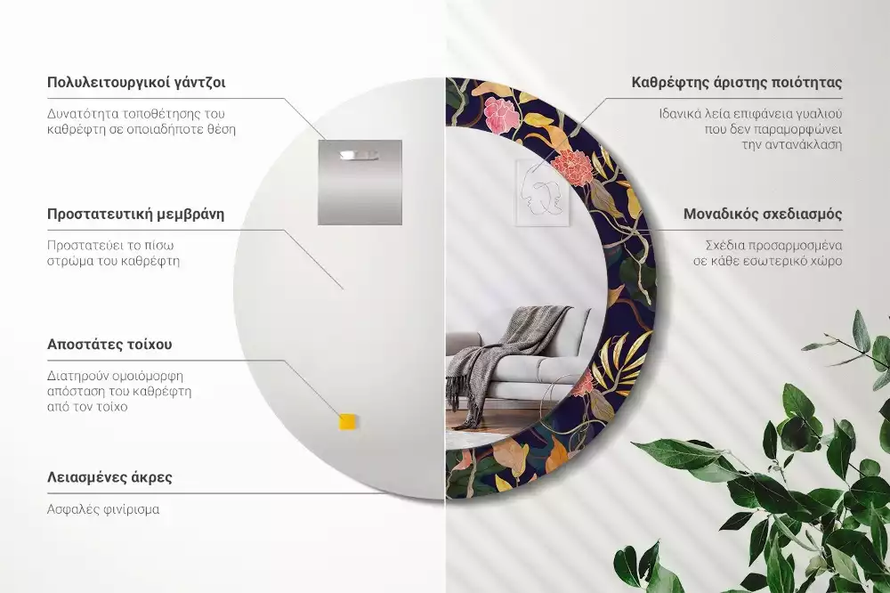 Espejo redondo con decoración Plantas de acuarela