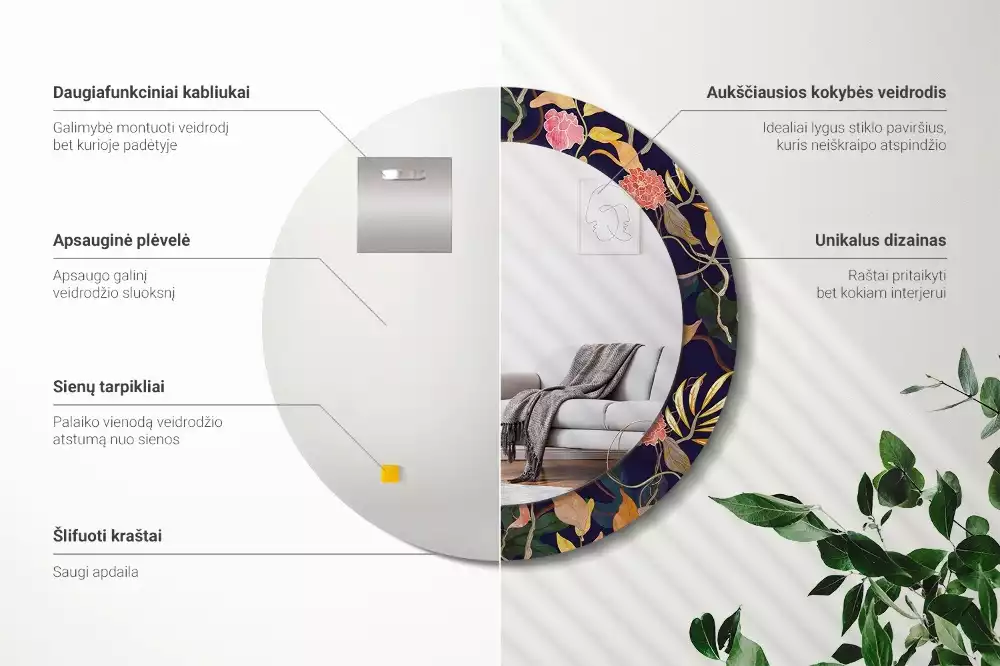 Espejo redondo con decoración Plantas de acuarela